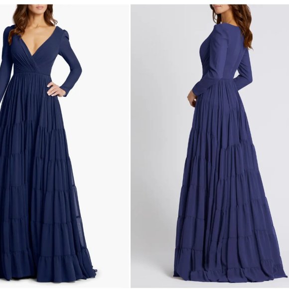 MAC DUGGAL 55311 LONG SLEEVE RUFFLE TIERED MIDNIGHT NAVY GOWN sz 8 - Picture 3 of 3